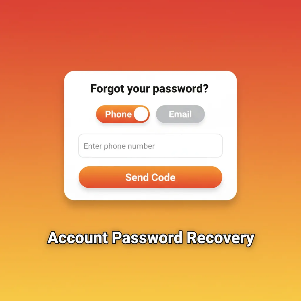 Guide showing how to recover account: choose Forgotten password, reset via email link or SMS code, then set new password.