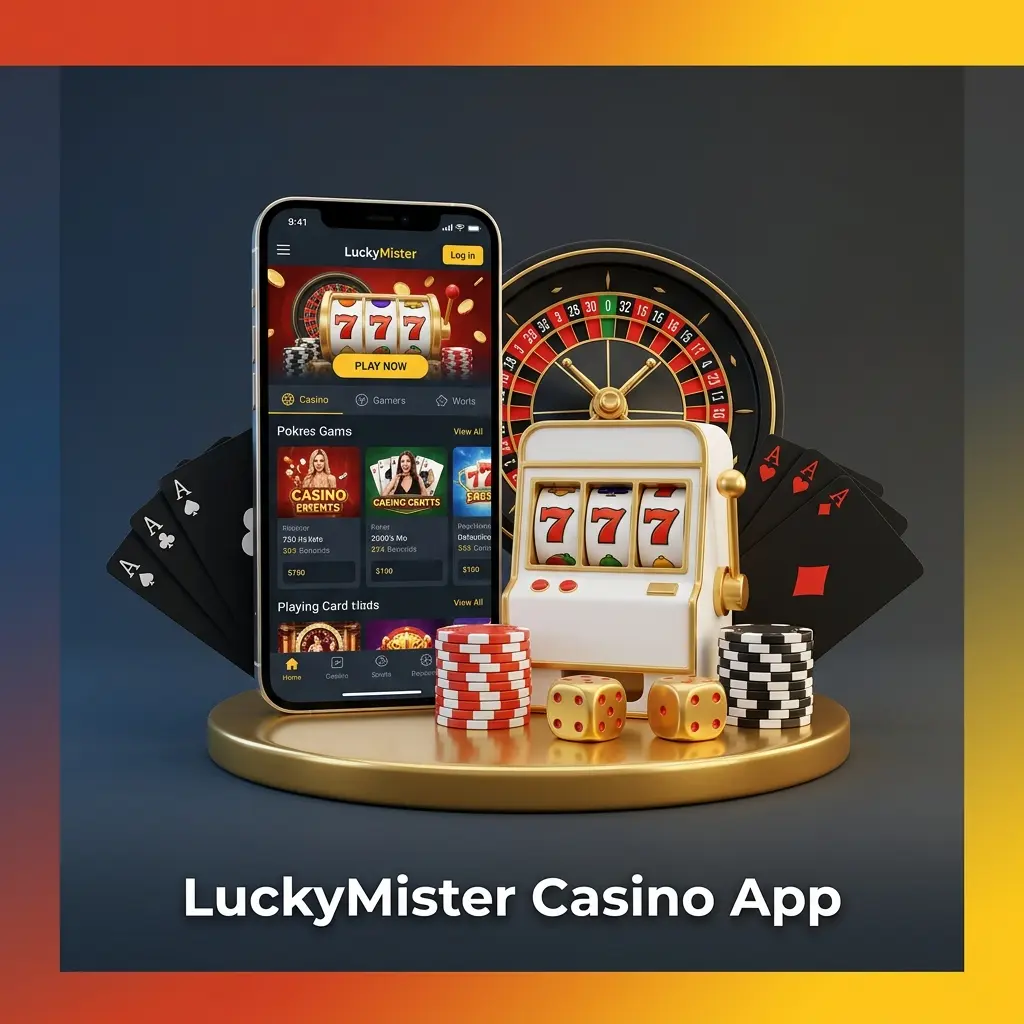 LuckyMister casino app showing slots, live casino, table games and sports betting in one mobile wallet