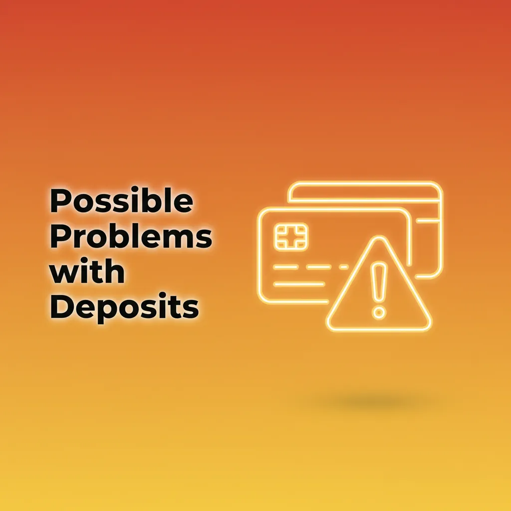 Guide showing deposit issues: card declined, no credit cards, KYC hold, USDT ERC20 required, bank transfer delays.